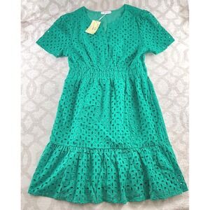 UVN Green Eyelet Midi Dress Short Sleeve V Neck Elastic Waist